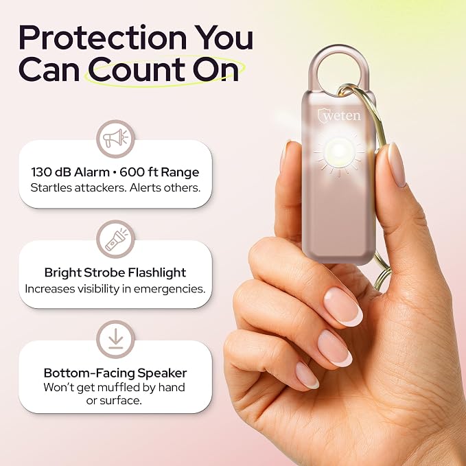 Personal Safety Alarm Keychain for Women, 130dB, LED Light, Metallic Rose | USB-C Rechargeable, Bottom Speaker Siren, Wristlet and Carabiner Clip, Weatherproof, Low Battery Alert - Image 2