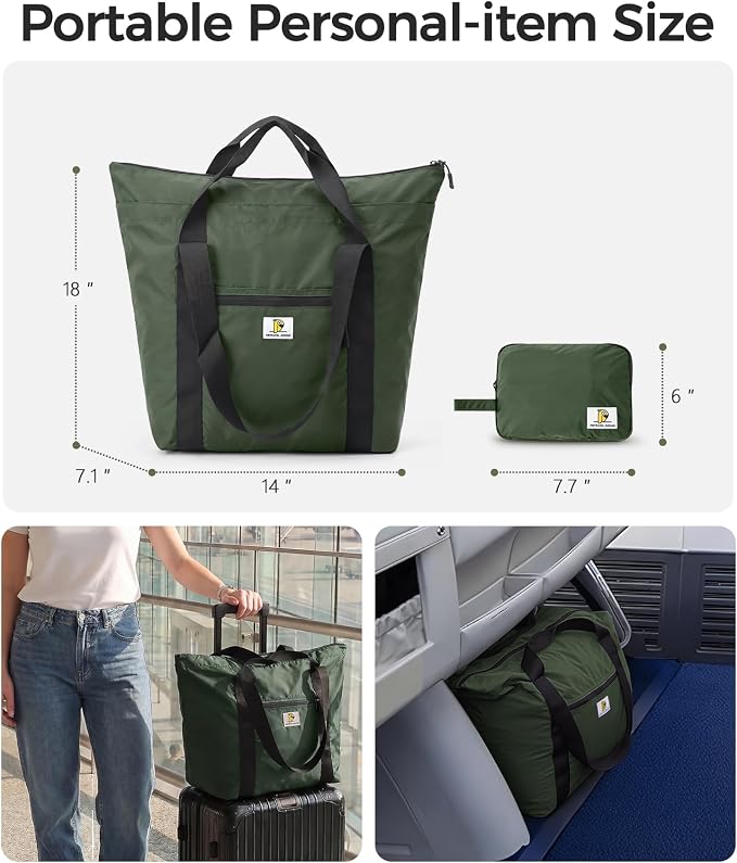 Foldable Travel Bag, 26L Duffle Bag for Travel, Expandable Second Carry-On Bag for Travel & Shopping, Water-Resistant Personal Item Bag, Dark Olive - Image 3