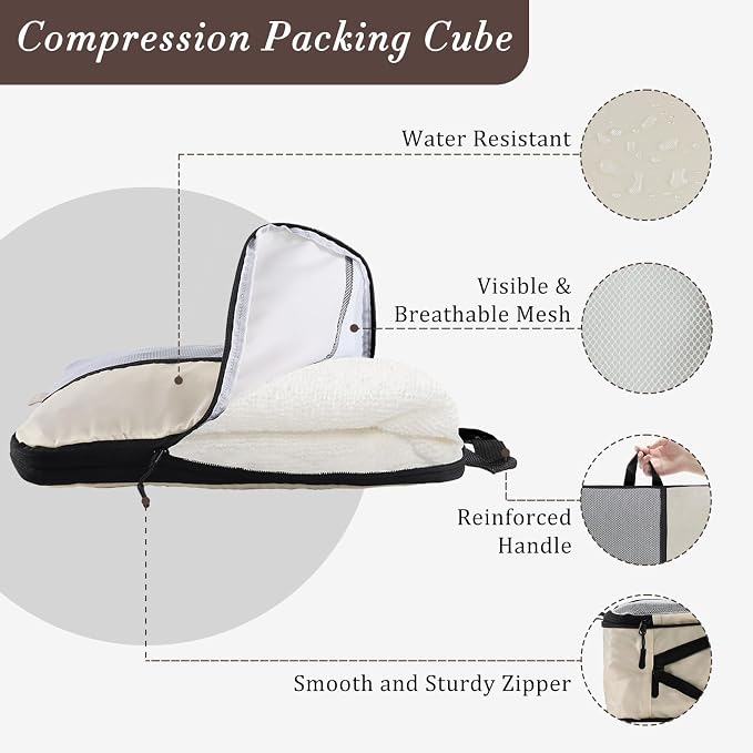 U+U 6 Set Compression Packing Cubes, Travel Organizers (Cream) | Space-Saving & Drawstring Bag Included - Image 3
