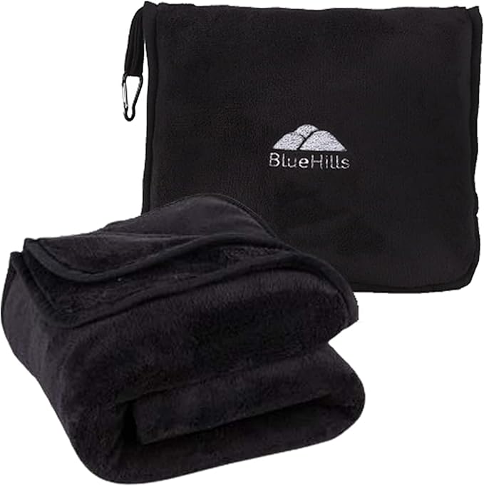 BlueHills Premium Soft Long Travel Blanket Pillow Airplane Flight - Black | Tall Travel Blanket Pillow Airplane, Flight 70 X48 Long Throw in Bag Pillowcase, Compact Large Traveling Essentials Portable by BlueHills