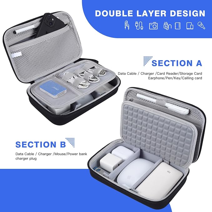 Hard Travel Electronic Organizer Case for MacBook Power Adapter Chargers Cables Power Bank Apple Magic Mouse Apple Pencil USB Flash Disk SD Card Hard Drive Waterproof Shockproof Carrying Bag, Black - Image 6