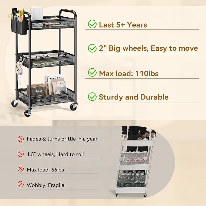 3 Tier Metal Rolling Cart, Black Utility Storage Cart with Wheels | Metal Mesh Craft Cart With Hooks & Hanging Cups, Ideal For Kitchen, Bathroom, Office, Dorm, Art Workspace, Bedside Storage - Image 3