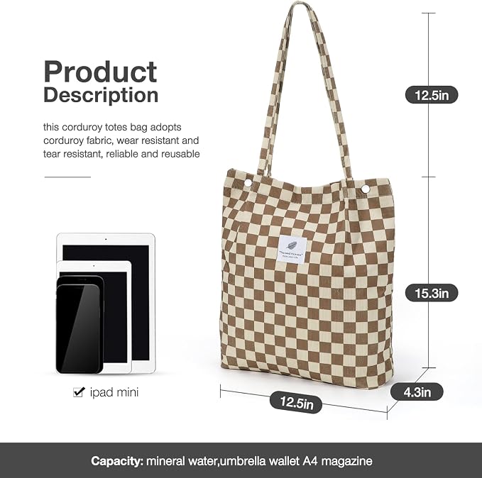 LHMTQVK Corduroy Tote Bags for Women, Large Capacity Tote Purse Reusable Grocery Shoulder Bag with Inner Pockets - Image 3