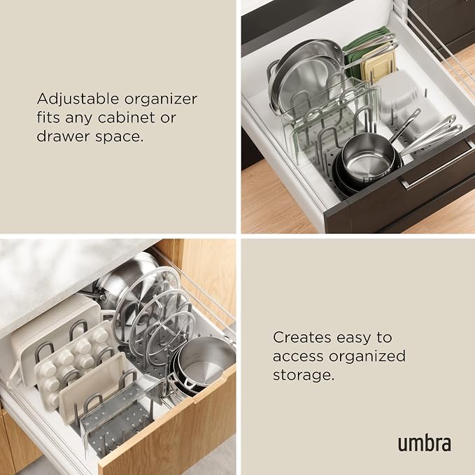 Peggy Kitchen Drawer Cupboard Organizer Tray - Adjustable Storage System For Food Containers, Cookware, Serveware, Utensils and More, Large, Grey | Adjustable peg system keeps cookware, containers, lids, utensils, and serveware organized - Image 4