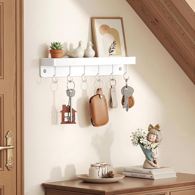 niffgaff White Key Holder Wall Mount, Stainless Steel Self Adhesive Hooks Rack with Shelf, No Drill Key Hanger for Door and Wall - Image 3