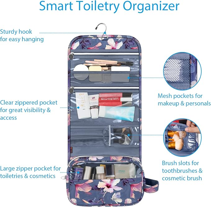 FINTIE Portable Toiletry Cosmetic Travel Bag Hanging Makeup Organizer | Large Water Resistant Storage Pouch Case, For Women Girls, Blooming Hibiscus - Image 2