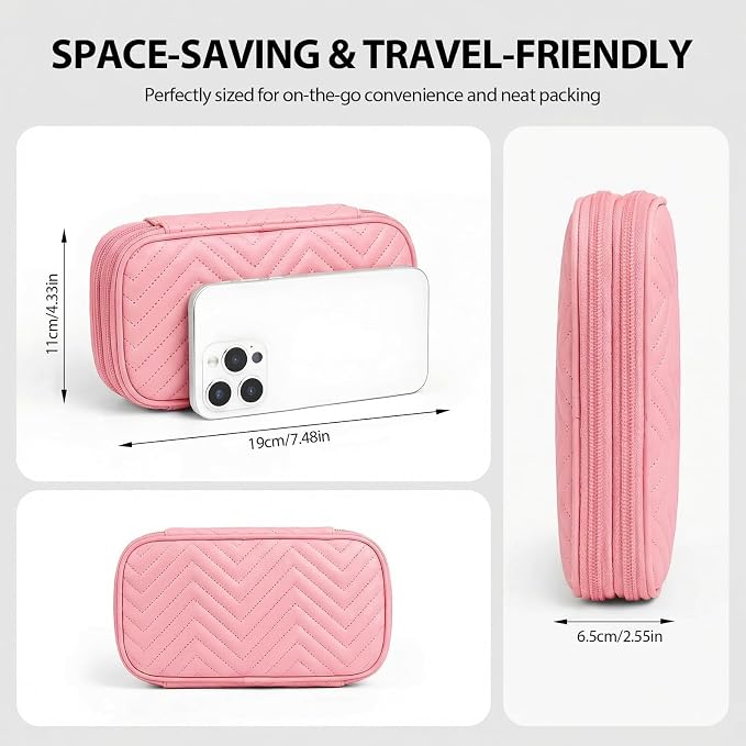 Double Layer Electronics Organizer Bag, Sakura Pink | Water-resistant PU leather travel pouch. Features 8 anti-tangle compartments for 3ft+ cords & chargers. Includes 8 ties. - Image 2