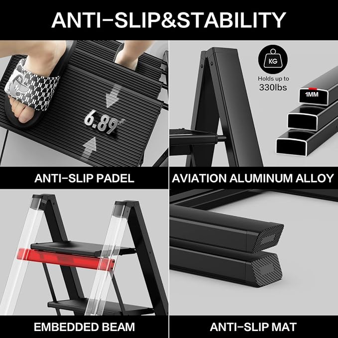 3 Step Ladder, Folding Step Stool with Anti-Slip Wide Pedal | Lightweight, Aluminum Material, 330LBS Load, Portable, Easy Storage, Space Saving, for Kitchen, Bedroom Use, Black - Image 3