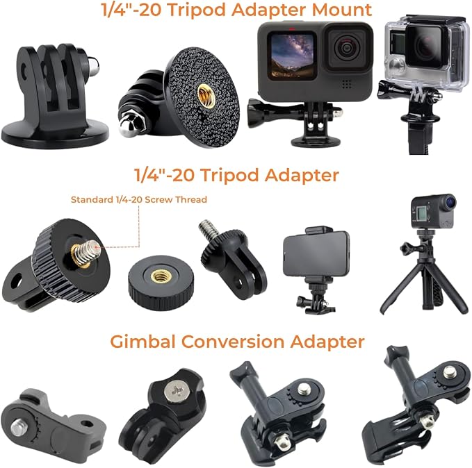 Universal Action Camera Accessories Kit: Curved/Flat Mount, Quick Release Buckle, J-Hook Buckle, 3-Way Pivot Arms, Tripod Adapter, Curved Extension Arm and etc, Action Camera Basic Adapter Kit - Image 5