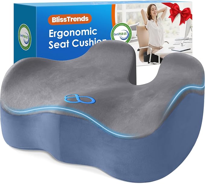BlissTrends Extra Thick Seat Cushion for Office Chair & Car Seat, Grey&Blue | Tailbone & Sciatica Relief, Ergonomic Support, High-Density Memory Foam, Comfort for Extended Sitting by BlissTrends