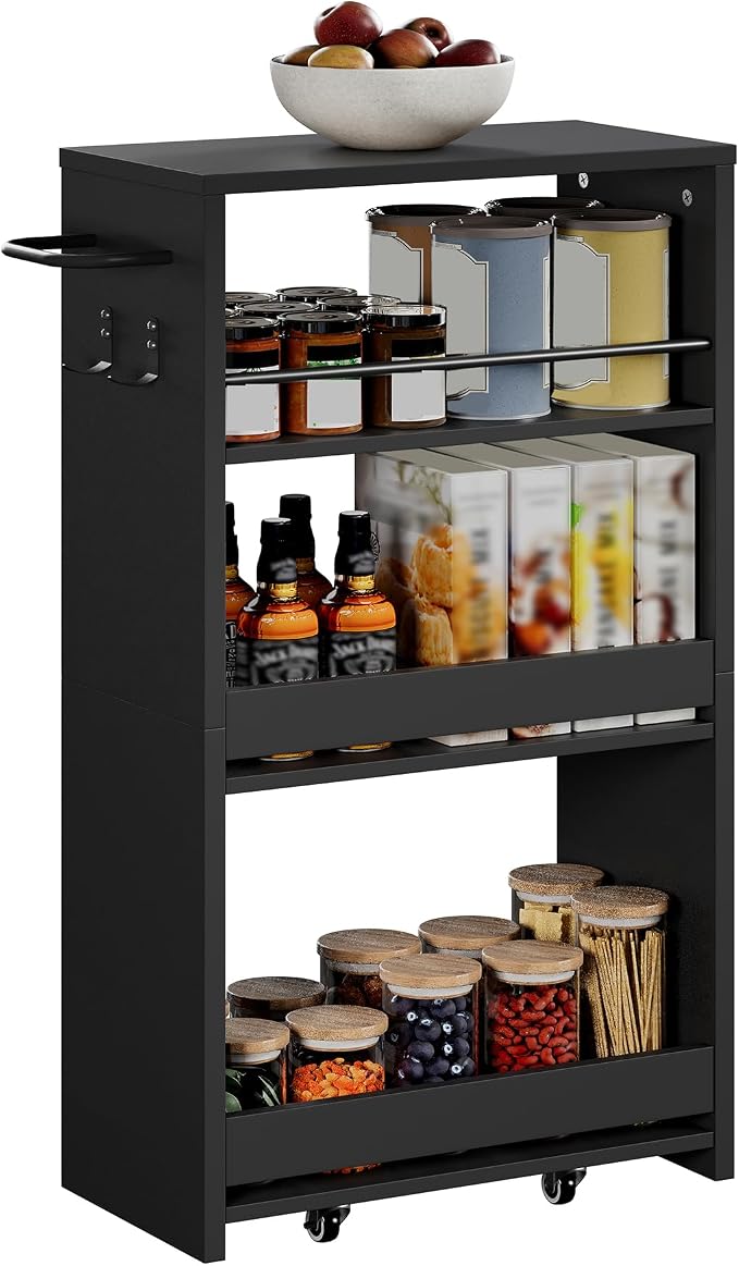 ChooChoo 4-Tier Slim Storage Cart, 7.87 inches Wide Narrow Storage Cabinet with 360° Wheels and 2 Hooks, Space-Saving Organizer for Kitchen, Narrow Places, Laundry Room, Black - Image 7