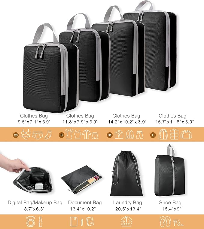 WOOMADA Compression Packing Cubes for Suitcases Travel Essentials 8 Set Expandable Travel Bags Organizer for Luggage(black) - Image 3