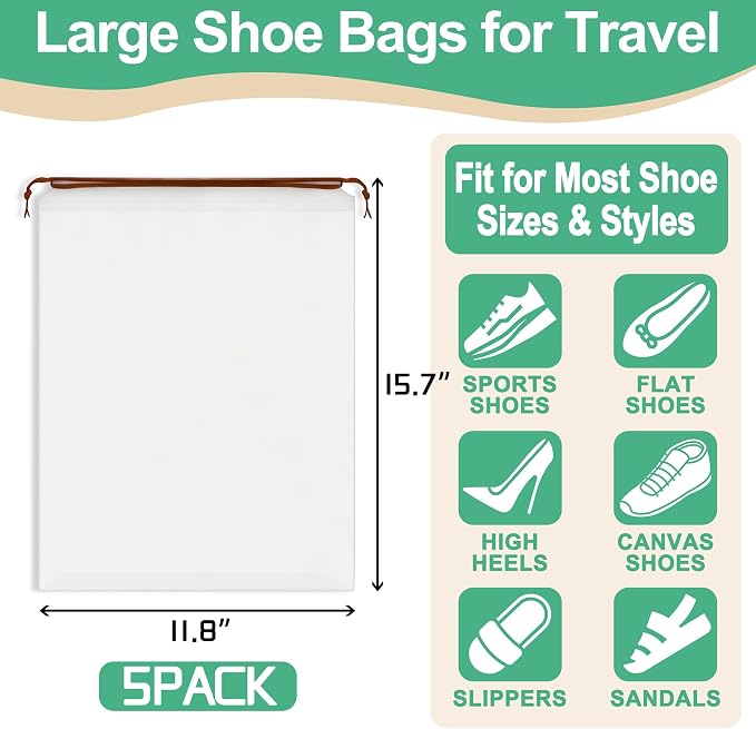 KLASIT Shoe Bags for Travel,15.7 x 11.8 inches,5pack | Large Waterproof Portable Drawstring Clear Shoe Bags,Travel Essentials for Men and Women - Image 2