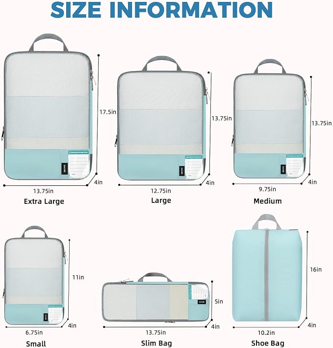 BAGAIL Lightweight Compression Packing Cubes for Travel, 6 Set, Dusty Blue | Salis Nylon Fabric,Anti-Tearing,Save Space,SBS Zippers,Packing List,PVC Tag Pocket,Custom Labels,Visible Mesh,Portable Handel - Image 5