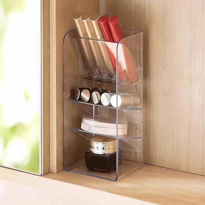 PAVSTINE Medicine Cabinet Organizer with Adjustable Dividers, Clear Vertical Layered Backward Slanting Shelves for Makeup Brush/Lip Gloss/Mascara Storage (3-Tier Slant-Gentle Slant) by PAVSTINE