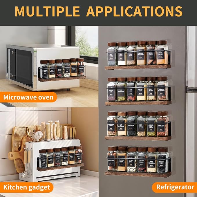 4 Pack Strong Magnetic Spice Rack Organizer for Refrigerator and Microwave Oven, Metal Fridge Shelf, Space Saver for Kitchen Organization and Storage, Black - Image 3