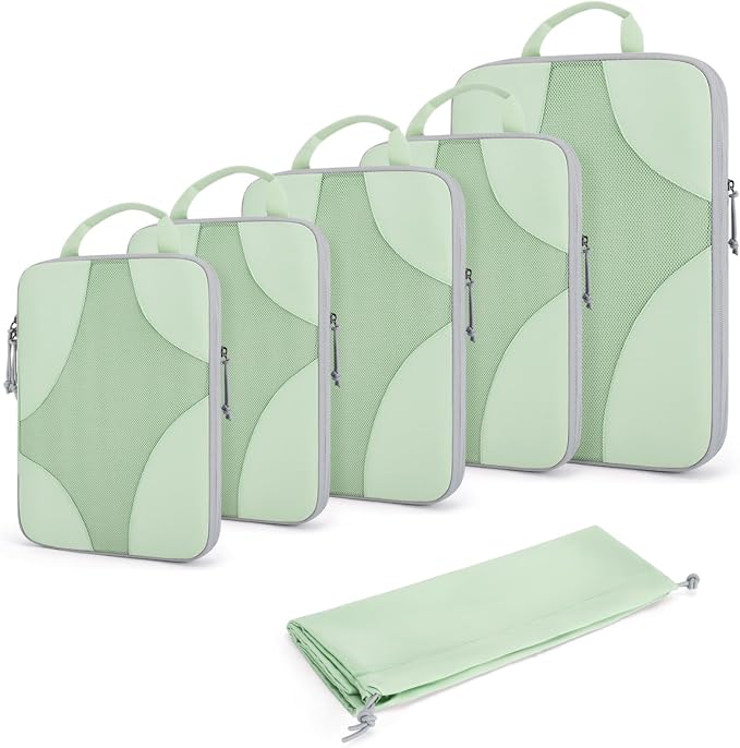 Bagsmart Compression Packing Cubes (Light Green, 6 Set) | Lightweight, Compressible Suitcase Organizer Set fit Standard Carry-On & Checked Luggage, 6 Set, 14 Set Washable Packing Bags by BAGSMART