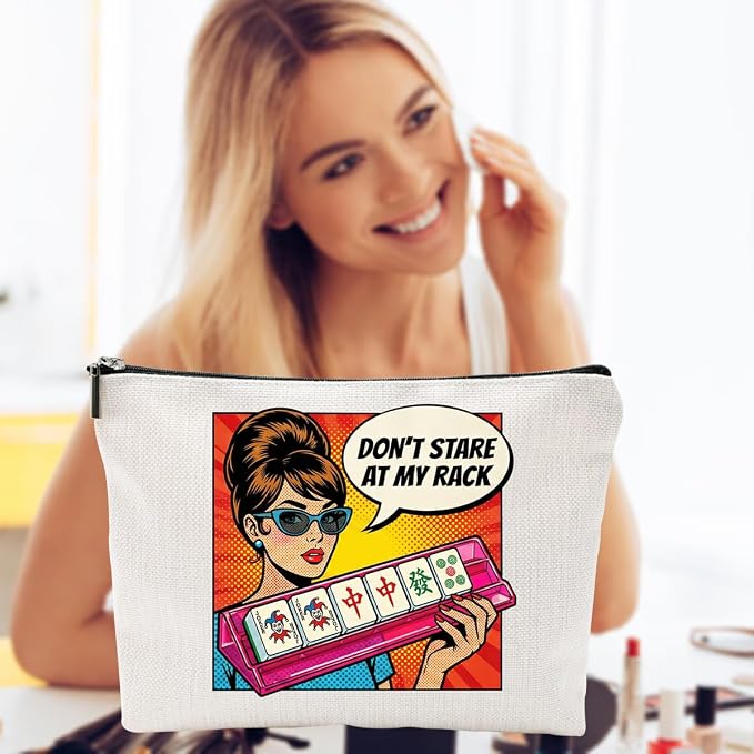 ZUYUROU Funny Mahjong Gifts for Women - Don't Stare At My Rack Makeup Bag - Retro Pop Art American Mahjong Accessories - Zipper Pouch for NMJL Card, Tiles, and Cosmetics - Unique Game Night Prize - Image 5