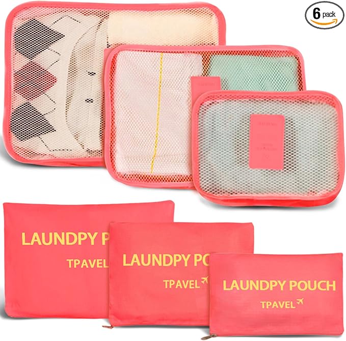 6 Set Packing Cubes for Travel Luggage Organizer Bags Reusable washable Suitcase Packing Cubes Set Travel Accessories Essentials (Watermelon Red‌) by INVODA