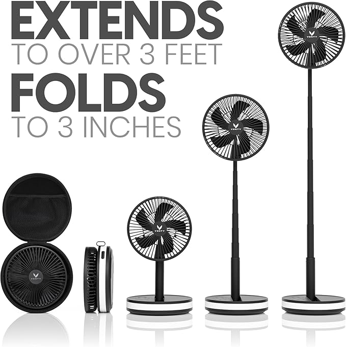 VENTY Portable Fan - Wireless Battery Operated Fan - 4 Speeds - LED Lighting - Carry Case & Remote Control - Cruise Travel - Outdoor Travel RV Power Bank With USB-C Port (Black with Case) - Image 3