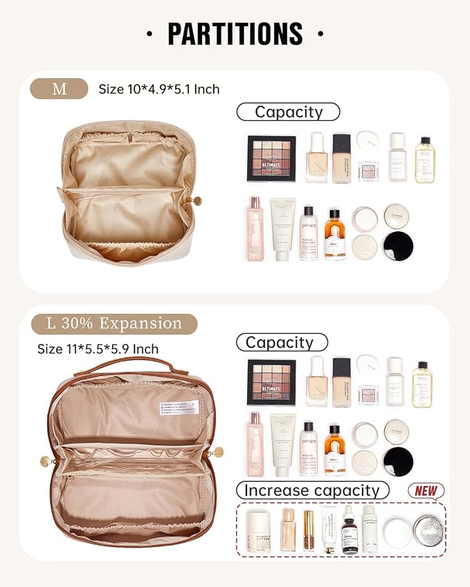 EACHY Travel Makeup Bag for Women, PU Leather Cosmetic Bag, Brown, Large | Water-resistant PU leather exterior with flat-open access, clear TPU brush compartment and organized storage for cosmetics - Image 3