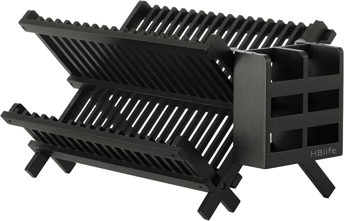HBlife Dish Rack, Bamboo Folding 2-Tier Collapsible Drainer Dish Drying Rack with Utensils Flatware Holder Set (Dish Rack with Utensil Holder) by HBlife
