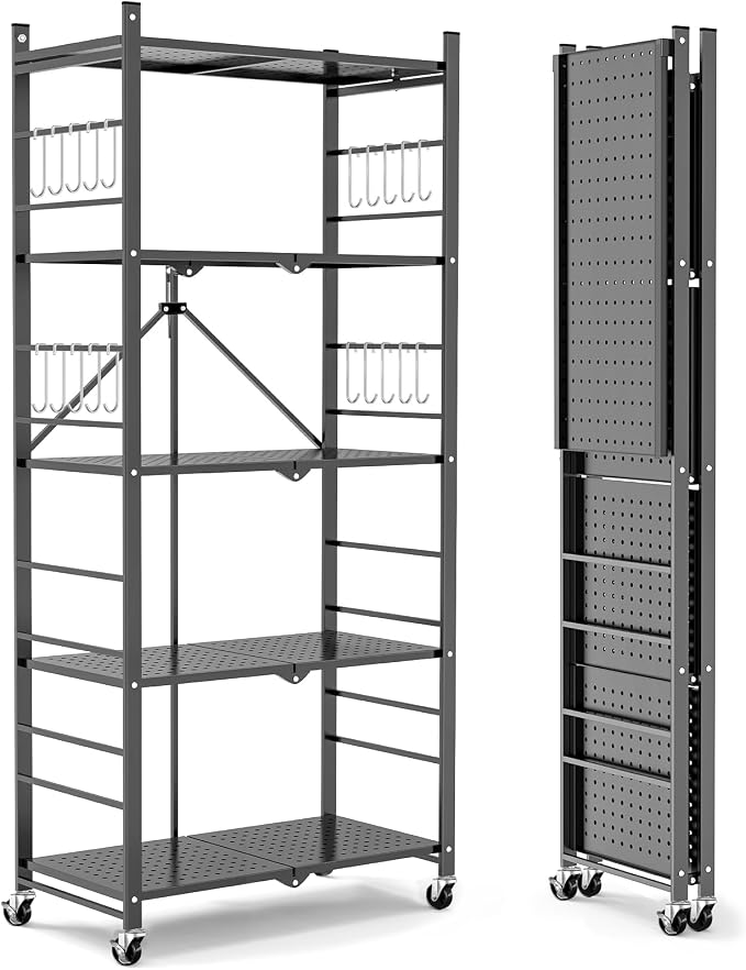 Himix 5-Tier Foldable Storage Shelves with 20 Hooks Wheels Grey Display | Folding shelving units, Metal collapsible organization, Wire shelf, No assembly, Bookshelf, Kitchen, Home rack, Holds 440 Ibs - Image 7