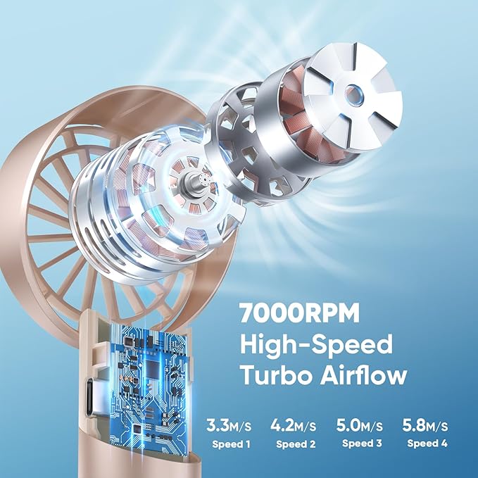 AMACOOL Portable Handheld Turbo Fan, 4 Speeds Wind with Cool Metal Body, 17Hrs Runtime Rechargeable Battery Personal Fan, Mini Pocket Fans for Girl Woman Man Travel Makeup Camping Outdoor-Beige | Gifts for Mom Her Women Girl, Cool Metal Body, Mini Pock... - Image 2