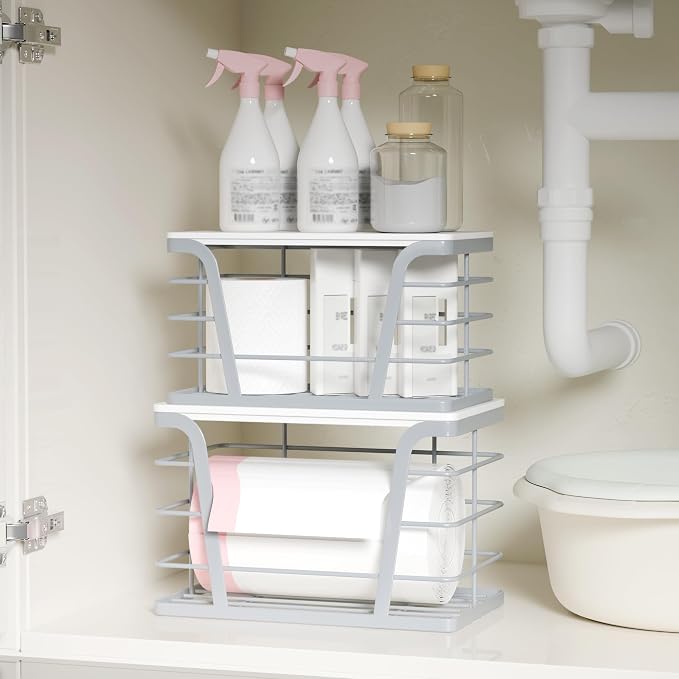 TIDIIABODE 2 Pack Gray Trash Bag Organizer for Kitchen and Pantry, Upgraded Stackable Metal Garbage Bag Holder with Bamboo Top, Modern Under Sink Storage Dispenser for Laundry Room, Garage - Image 4
