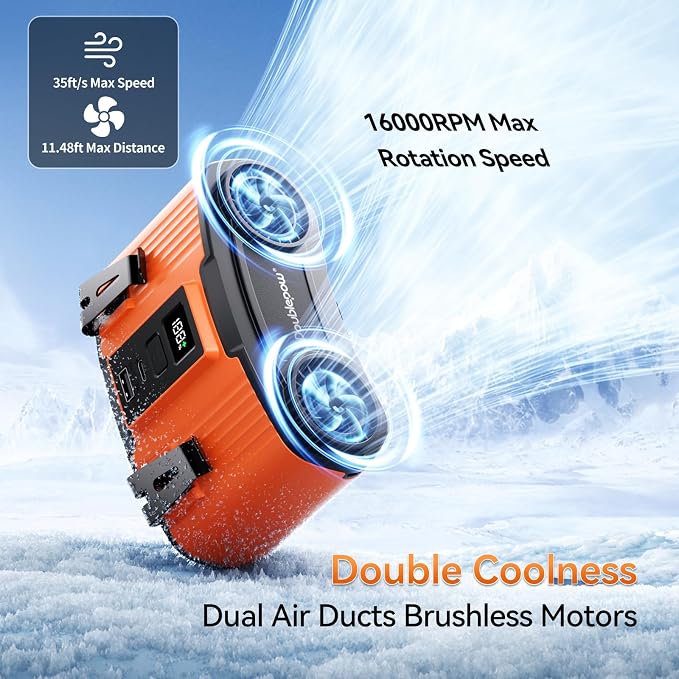 Doublepow 12000mAh Portable Waist Fan, Personal Waist Fan, Dual Air Ducts Motors, USB Rechargeable Clip On Belt for Working, 10 Speeds & 23H Wearable Neck Cooling, for Outdoor, Work, Travel (Orange) - Image 3