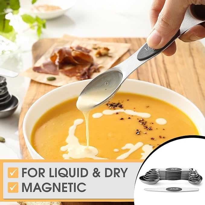 Spring Chef Stainless Steel Magnetic Measuring Spoons Set of 8, Gray | Stackable Metal Teaspoon & Tablespoon Measuring Spoons with Leveler for Dry & Liquid Ingredients, Dual Sided, Dishwasher Safe - Image 4