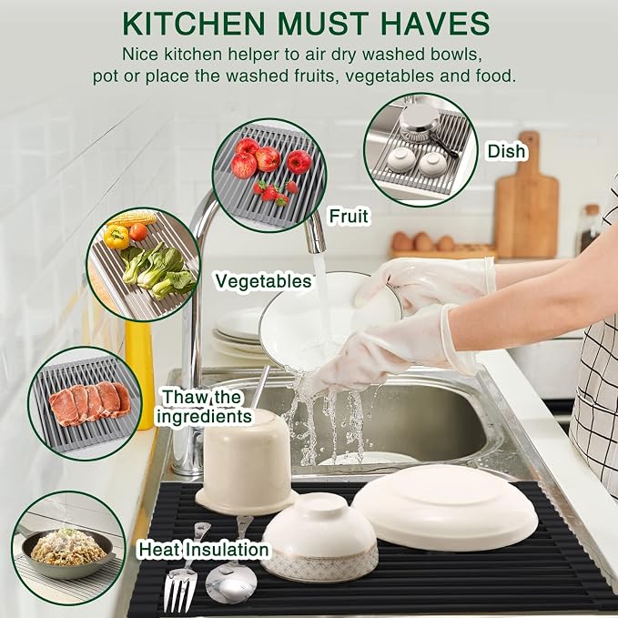 HANZENMA Roll Up Dish Drying Rack Over The Sink Kitchen Roll Up Sink Drying Rack Multipurpose Foldable Sink Drying Mat, Heat-Resistant, Anti-Slip & Anti-Rust Dish Rack for Kitchen, 20.5" x 13", Black - Image 3