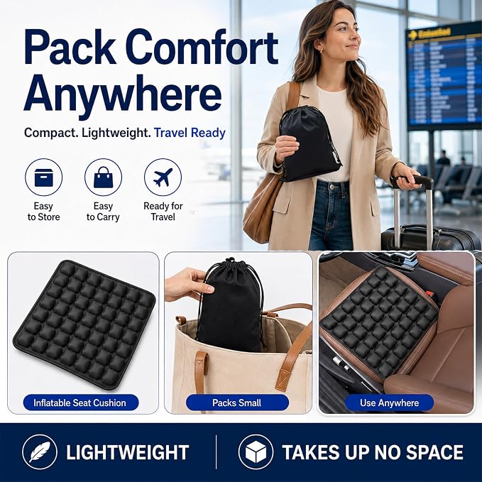 Airplane Seat Cushion, Inflatable Travel Cushion for Long Flights | with Hand Pump, Washable Stretch Fabric and TPU, for Air Travel, Car, Office Chair and Wheelchair, 16 x 18 in - Image 6