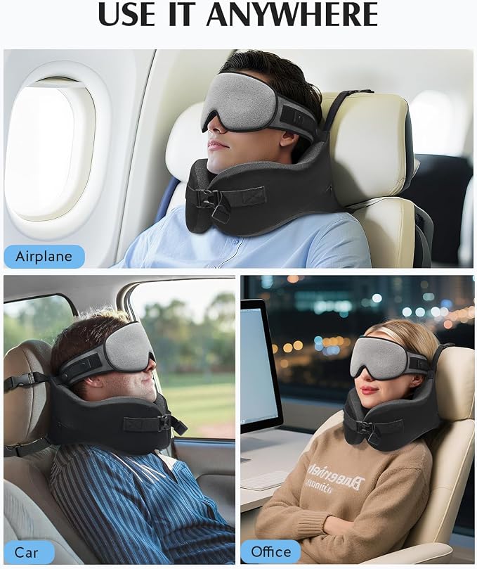 YFONG Travel Pillow with Head Support & Sleep Mask for Long Flights, Grey | Patented 360° Support System, Prevents Bobbing, Airplane Head Strap, 3D Eye Mask, Memory Foam Neck Pillow, Travel Essential - Image 9