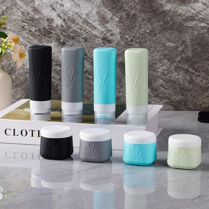 INSFIT travel bottles for toiletries 8 Pack, Leak proof Travel Size Toiletries Containers with toiletry bag, Squeezable Silicone Bottles & Cream Jars, Travel Essentials BPA-Free kit for Shampoo - Image 5