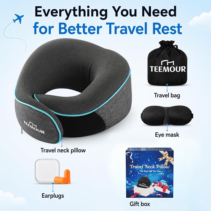 Travel Neck Pillow for Airplane -Memory Foam Travel Pillow for Long Flights/Car Sleep 360° Support Airplane Pillow, With Eye Mask & Earplugs, Portable Carry Bag | Airplane Accessories Washable Cover - Image 5