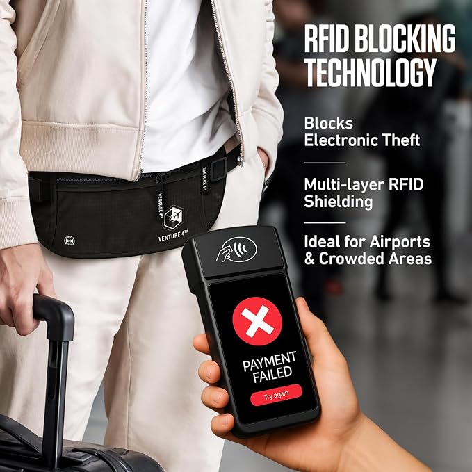 VENTURE 4TH Travel Money Belt, RFID Blocking Passport Holder - Pure Black - Image 2