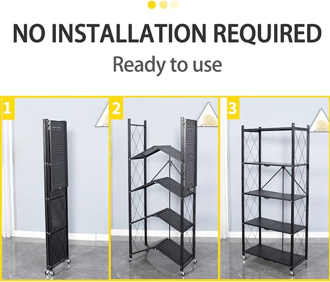 Life Hacks 2pcs 4-Tier Foldable Shelves for Storage, No Assembly Required, Folding Shelf Unit Pantry Shelves with Wheels, Metal Shelving Storage Rack Shelf for Kitchen Garage Home - Image 5