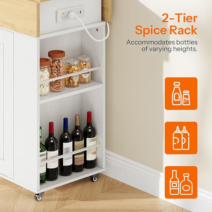 HOOBRO Kitchen Island with Trash Can Storage, Rolling Kitchen Island with Drop Leaf Countertop, Island Table with Power Outlet & Spice Rack, for 10 Gallon Garbage Bin, White and Natural WN33UZD01 - Image 4