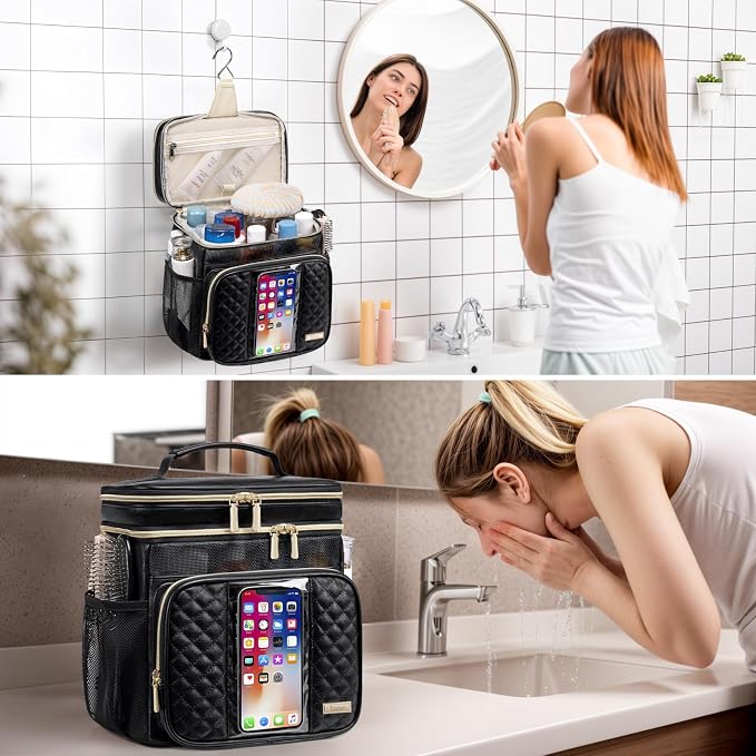 Large Leather Toiletry Bag for Women Men,Bathroom Bag,Water Resistant Shower Bag,Makeup Bag,Portable Shower Caddy for College Dorm,Hanging Travel Toiletry Bag with Transparent Waterproof Phone Pocket - Image 8