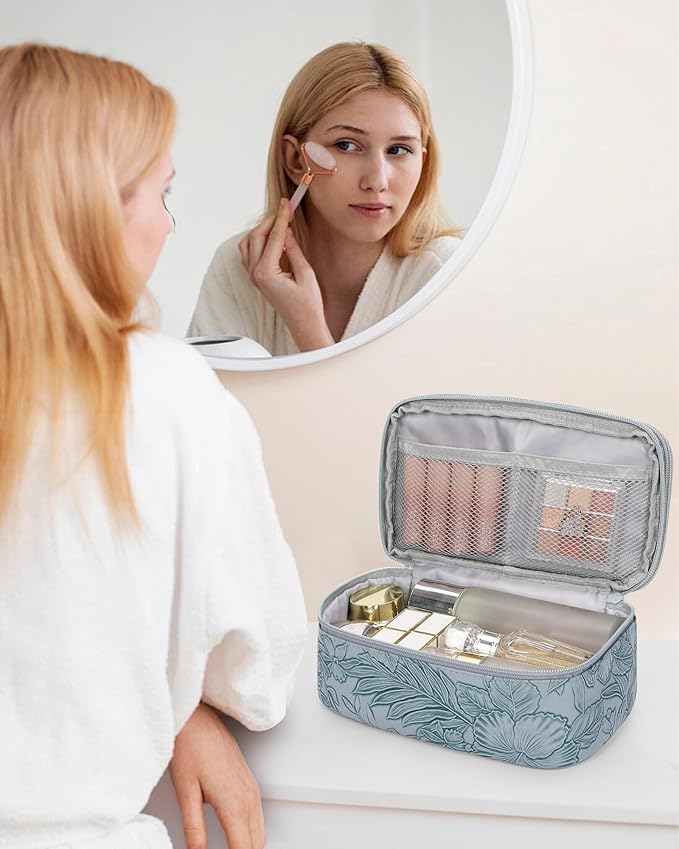 Relavel Cute Makeup Bag for Girls, Portable PU Leather Cosmetic Bag | Dual-layer Makeup Pouch with Brush Holder, Multi-Functional Preppy Toiletry Organizer for Travel, Daily Use - Flora Butterfly - Image 2