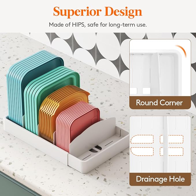 Lifewit Kitchen Cabinet Organizer for Food Contanier Lid with 9 Sections | Expandable Lid Holder with 8 Adjustable Dividers for Pantry Organizers and Storage, White, Extra Large, 13"-24" - Image 6