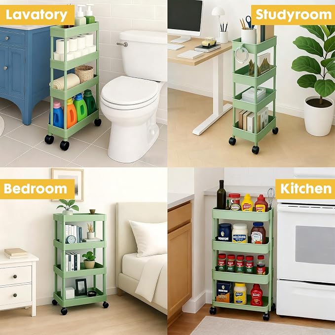 ShellKingdom 4 Tier Bathroom Storage Organizer, Slim Rolling Storage Cart for Narrow Space, Mobile Shelving Unit with Lockable Wheels and Hooks for Bathroom, Kitchen, Laundry Movable Shelf (Green) - Image 2