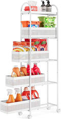 KINGRACK 5 Tier Slim Rolling Cart with Drawer, Metal Utility Storage Cart | 4 Pull-out Baskets, Lockable Wheels, Narrow Space Trolley Organizer for Bathroom, Kitchen, Office, Dorm, Laundry Room, White by KINGRACK
