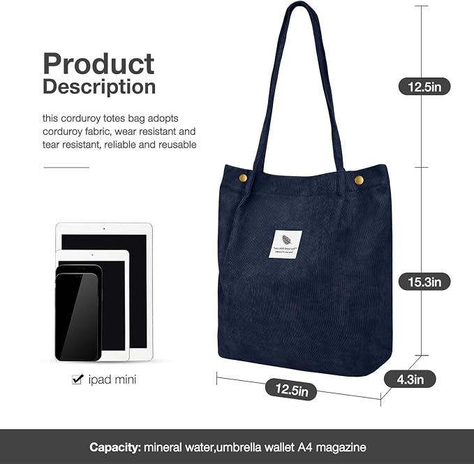 LHMTQVK Corduroy Tote Bags for Women, Large Capacity Tote Purse Reusable Grocery Shoulder Bag with Inner Pockets - Image 2