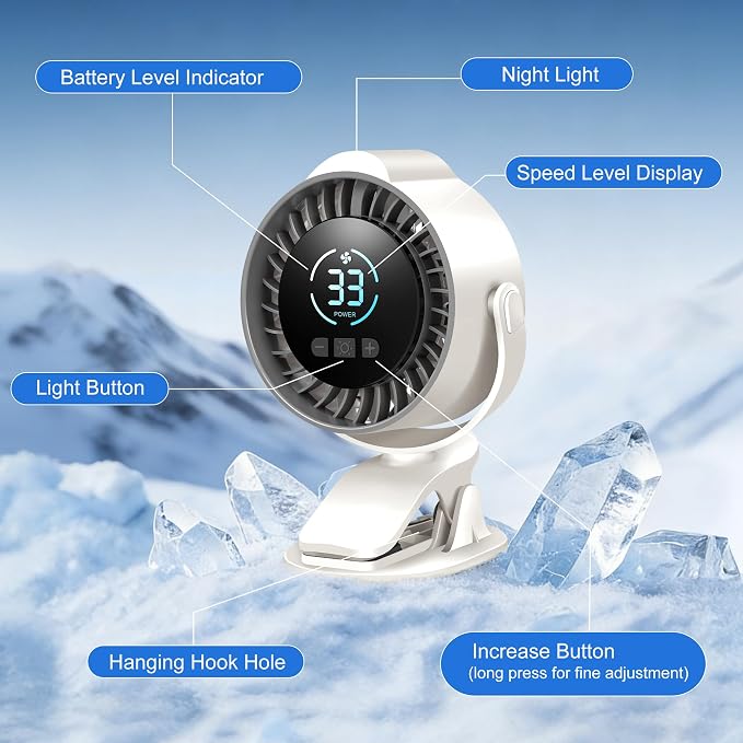 Clip On Rechargeable Fan with LED Light 100 Speed (Need Long Press), 720° Adjustment, Small Protable Desk Fan Quiet Clamp Base 12H Battery, 7 Blades for Dorm Bedroom Travel Camping - Image 7