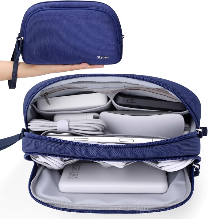 Skycase Travel Cable Organizer - Lightweight Water Resistant Dual-Layer Tech Pouch with Wrist Strap 9 Compartments Electronic Organizer Travel Case for Charger Cord Hard Drive,Small,Blue by Skycase