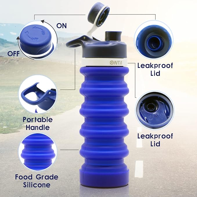 ONTA Collapsible BPA Free Silicone Water Bottle, 20oz - Portable, Leakproof, Easy Clean, Shatter Resistant, Travel Friendly - Image 3