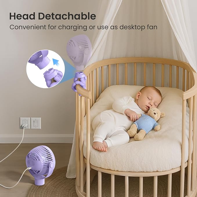 Coohea Portable Stroller Fan, 25H Long-lasting, 4 Speed, Night Light,Purple | 4000mAh Rechargeable Battery Powered Fan, Head Detachable 360° Rotate Mini Fan, Easy to Wrap for Car Seat Crib Bike Treadmill - Image 4