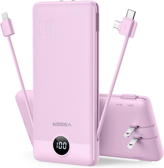 VEGER Portable Charger for iPhone, Power Bank Built in Cables and Wall Plug | 10000mAh,Ultra Slim&Compact,5 Outputs,LED Display,Power Bank for iPhone,Samsung,Travel Essentials for Camping Cruise Business by VEGER